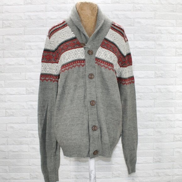 I JEANS BY BUFFALO Cardigan Wool Blend Sweater Fair Isle Striped Grey Mens Large - Picture 1 of 6